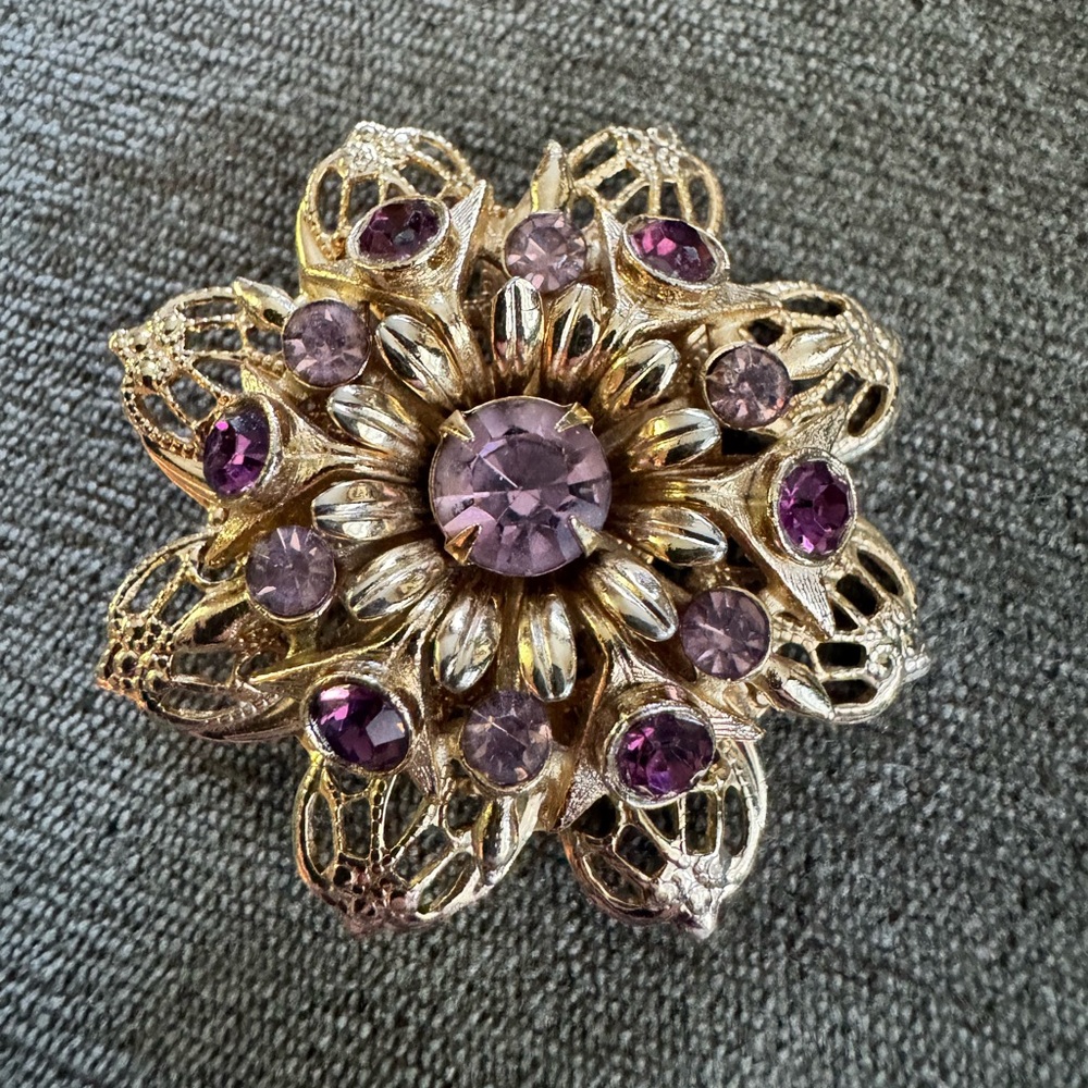 Gold and Purple Floral Filigree Brooch